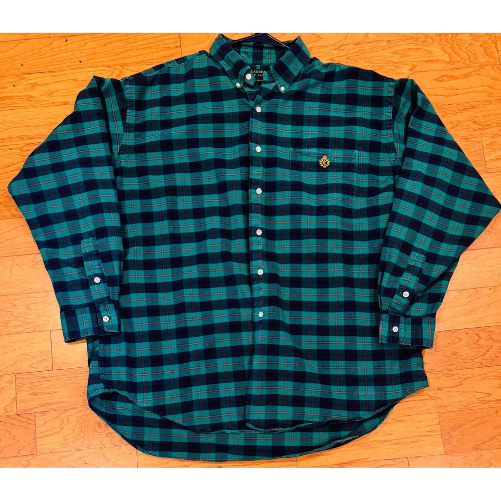 Vintage 90s Ralph Lauren Black Watch Plaid Crest Button Down Shirt Size XL